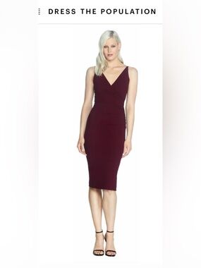DRESS THE POPULATION | NWT $188 Anita Crepe Midi Dress in Dark Magenta, Small